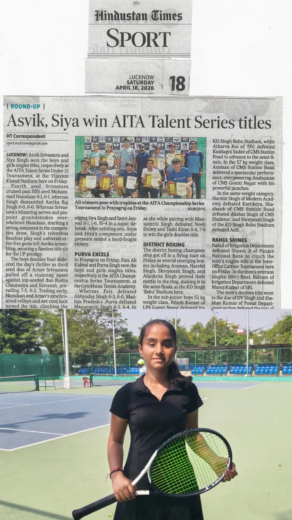 Newspaper clipping: Asvik, Siya win AITA Talent Series titles (Hindustan Times, 18 April 2026)