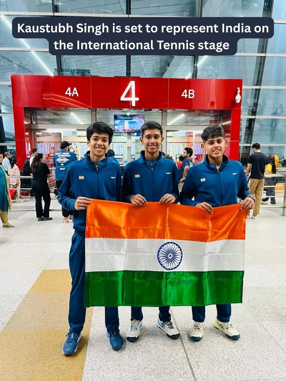 Kaustubh Singh with Indian U-14 team-mates holding the national flag at the airport, captioned: Kaustubh Singh is set to represent India on the International Tennis stage
